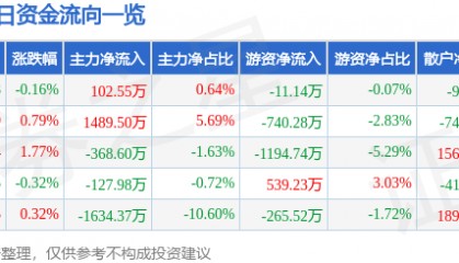 股票行情快报：旗滨集团（601636）8月26日主力资金净买入102.55万元