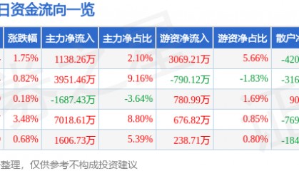股票行情快报：恒力石化（600346）10月9日主力资金净买入1138.26万元