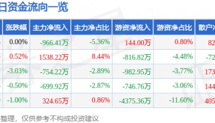 股票行情快报：美邦服饰（002269）7月17日主力资金净卖出966.41万元