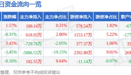 股票行情快报：旗滨集团（601636）9月1日主力资金净买入100.14万元