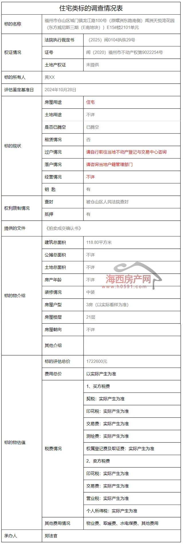 【资讯】实单！禹洲天悦湾1套118.8㎡住宅，单价10594元/㎡拍出