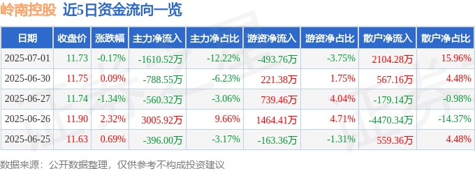 股票行情快报：岭南控股（000524）7月1日主力资金净卖出1610.52万元