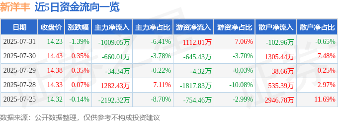 股票行情快报：新洋丰（000902）7月31日主力资金净卖出1009.05万元