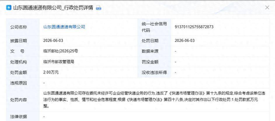 因“委托未经许可企业经营快递业务”，山东圆通速递被处罚